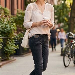 Maeve Sheer Yoke Long-Sleeve Blouse in Blush